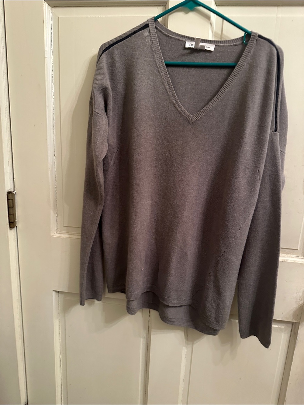BCBGeneration Gray V-Neck Sweater with Dark Shoulder Trim
